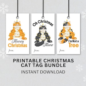 Etichette regalo natalizie a forma di gatto stampabili, set di 3 divertenti etichette natalizie miagolanti, simpatico gatto avvolto nelle luci, download digitale minimalista per le feste