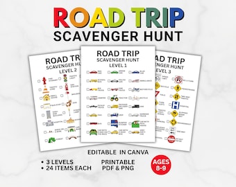 Jogo de Caça ao Tesouro para Viagem de Carro para Imprimir, 3 Níveis, Editável no Canva, PDF e PNG