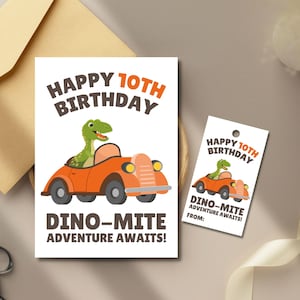 Pacchetto di biglietti di auguri e etichette regalo stampabili per il 10° compleanno, divertenti biglietti di auguri di compleanno a tema dinosauro per ragazzi, bambini, nipoti, fratelli, download immediato in PDF.