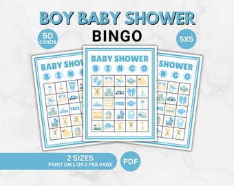 Jogo de Bingo Imprimível para Chá de Bebê Menino, 5x5, 50 Cartelas, Download Digital em PDF