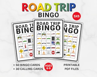 Jogo de Bingo para Viagem de Carro para Imprimir, 50 Cartelas, Atividades de Viagem, Download Instantâneo em PDF
