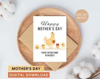 Cartão engraçado de Dia das Mães com galinha e pintinhos, para imprimir (download digital)