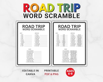 Jogo de palavras embaralhadas para viagem de carro, atividade de viagem para crianças (PDF e PNG)