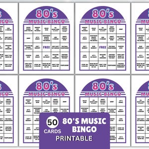 May include: A set of 80's Music Bingo cards. Each card has a purple and white design with song titles and the text "80's Music Bingo." The image includes the text "50 Cards Printable."