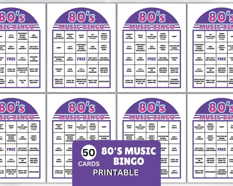 May include: A set of 80's Music Bingo cards. Each card has a purple and white design with song titles and the text "80's Music Bingo." The image includes the text "50 Cards Printable."