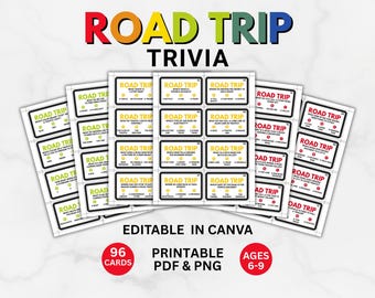 Jogo de perguntas e respostas sobre viagens de carro para crianças, 96 perguntas para imprimir, quiz de viagem editável no Canva