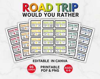 Jogo de viagem de carro "Você prefere...?" para crianças, 96 perguntas, editável no Canva