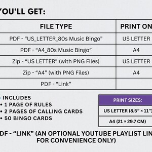 May include: A graphic detailing the contents of a digital download. The image lists file types, print sizes, and what is included, such as rules, calling cards, and bingo cards. The print sizes are 8.5" x 11" and A4 (21 x 29.7 cm).