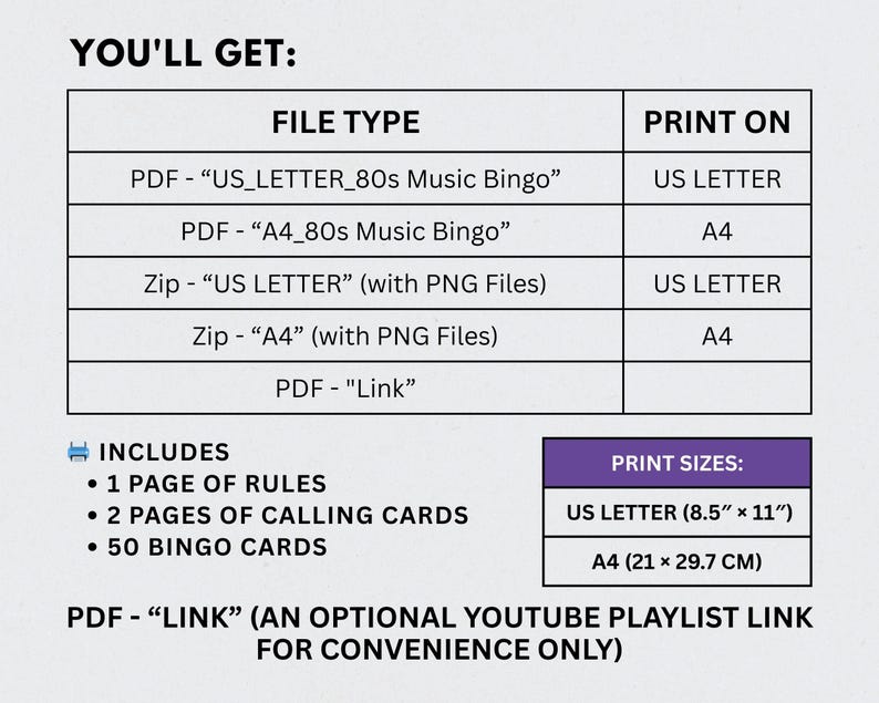 May include: A graphic detailing the contents of a digital download. The image lists file types, print sizes, and what is included, such as rules, calling cards, and bingo cards. The print sizes are 8.5" x 11" and A4 (21 x 29.7 cm).