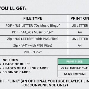 May include: A digital download product description with a table showing file types and print sizes. Includes PDF and Zip files for US Letter (8.5" x 11") and A4 (21 x 29.7 cm) print sizes. The product includes rules, calling cards, and bingo cards.