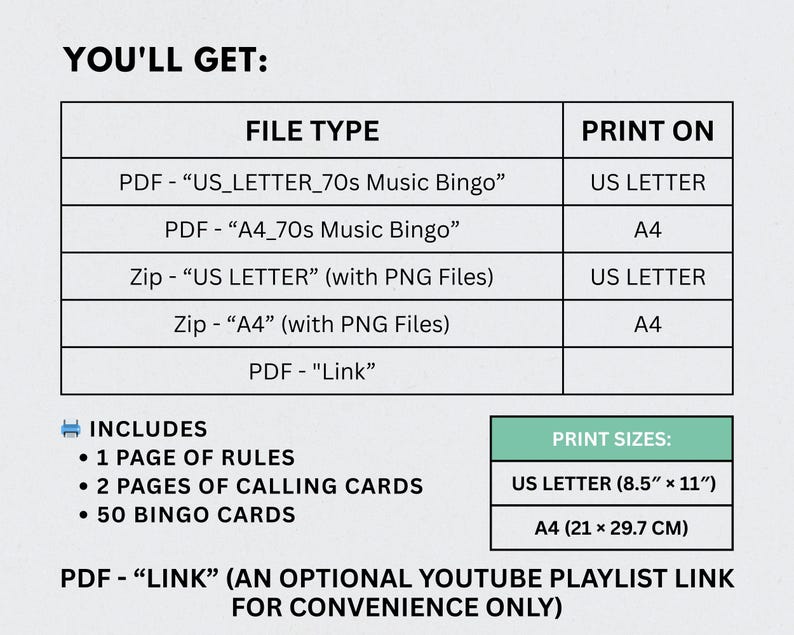 May include: A digital download product description with a table showing file types and print sizes. Includes PDF and Zip files for US Letter (8.5" x 11") and A4 (21 x 29.7 cm) print sizes. The product includes rules, calling cards, and bingo cards.