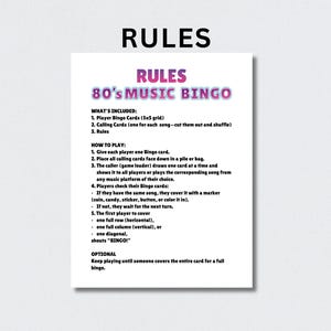 May include: A white sheet of paper with the title "RULES" at the top and "80's MUSIC BINGO" in the centre. The rules include instructions on how to play the game, including what's included and how to play.
