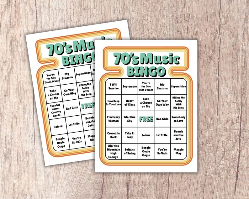 May include: Two retro-style bingo cards with a 70's theme. The cards feature a colorful design with the text "70's Music BINGO" at the top. Each card has a grid of song titles, including "You're the One That I Want" and "Take a Chance on Me".