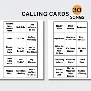 May include: Two white cards with song titles, labeled "Calling Cards" and "30 Songs." Titles include "Take Me Home, Country Roads," "Jolene," "Boogie Oogie Oogie," "Listen to the Music," and "Maggie May."