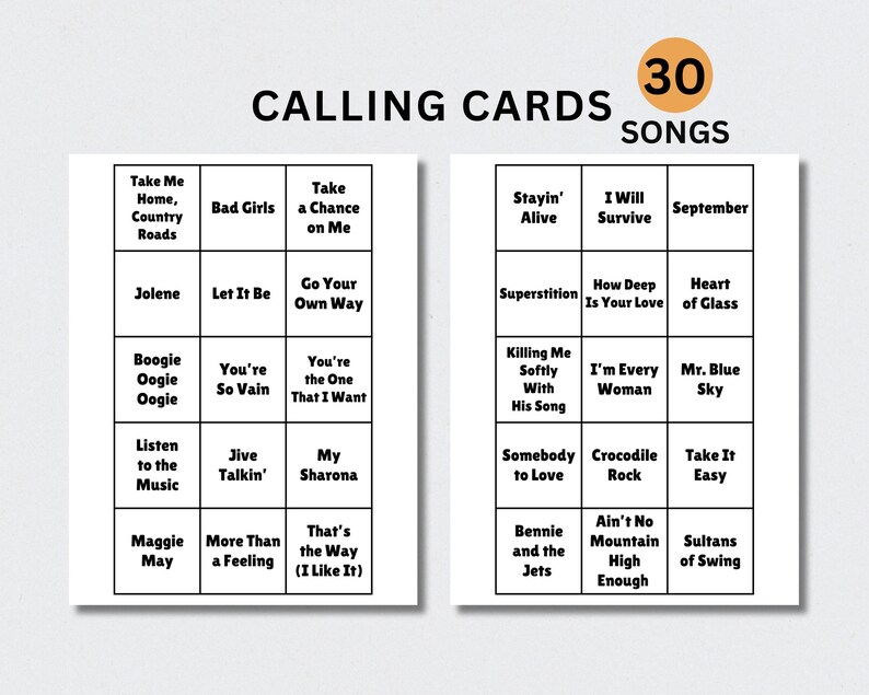 May include: Two white cards with song titles, labeled "Calling Cards" and "30 Songs." Titles include "Take Me Home, Country Roads," "Jolene," "Boogie Oogie Oogie," "Listen to the Music," and "Maggie May."