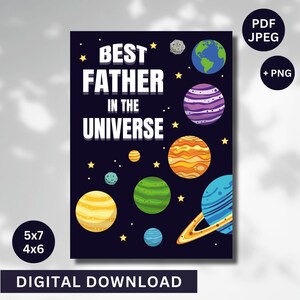 El mejor padre del universo, tarjeta para el primer día del padre con temática espacial, tarjeta de cumpleaños para papá, tarjeta de felicitación para él, papá, papi, archivo PDF imprimible