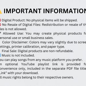 May include: A white background with black text detailing important information about a digital product. The text includes warnings about shipping, resale, and final sales, along with allowed uses and a color disclaimer. A yellow warning sign is at the top.
