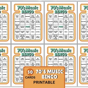 May include: A collection of 70's Music Bingo cards with a retro design. Each card features a unique arrangement of song titles within a decorative frame. The cards are printed on white paper with orange and teal accents. The image also includes a card that says "50 70's Music Bingo Cards Printable".
