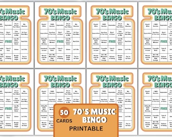 Muziekbingo uit de jaren 70 Afdrukbaar, retro partygame, pdf en png direct te downloaden