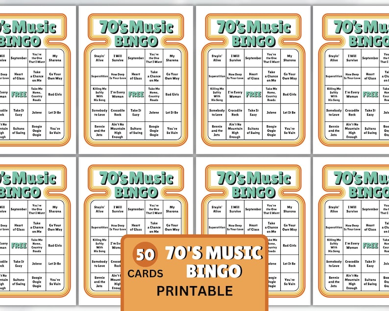 May include: A collection of 70's Music Bingo cards with a retro design. Each card features a unique arrangement of song titles within a decorative frame. The cards are printed on white paper with orange and teal accents. The image also includes a card that says "50 70's Music Bingo Cards Printable".