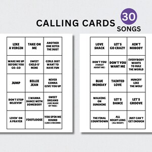 May include: Two white Calling Cards with song titles such as "Like a Virgin" and "Take on Me" are shown. The cards have a grid layout with 30 songs listed. A purple circle with the number "30" and the word "SONGS" is in the upper right corner.