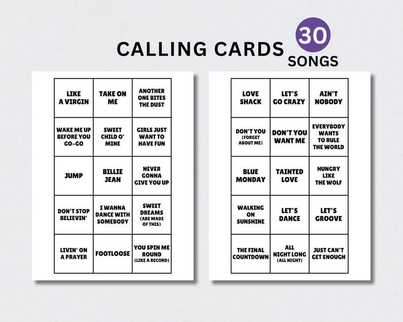 May include: Two white Calling Cards with song titles such as "Like a Virgin" and "Take on Me" are shown. The cards have a grid layout with 30 songs listed. A purple circle with the number "30" and the word "SONGS" is in the upper right corner.