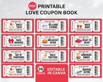 Livro de Cupons de Amor para Imprimir, Presente Romântico e Divertido para Ela e para Ele, Modelo Editável em PDF para Canva