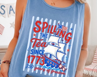 Stripe America 4th Of July Shirt, Comfort Colors USA Shirt, Patriotic Summer Tank Top, Spilling the Tea Since 1773 Tee, 250th Anniversary