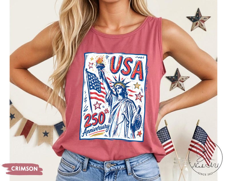 Comfort Colors Statue of Liberty Shirt, USA 250 Vintage America Tee , Retro Patriotic Graphic Tee, 4th of July American Flag Summer Tank Top image 19