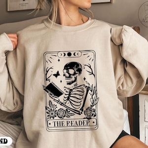 Comfort Colors The Reader Tarot Card Shirt, Skeleton Reading Shirt, Tarot Card Sweatshirt, Book Lover Gift, Bookish Gift, Halloween Hoodie