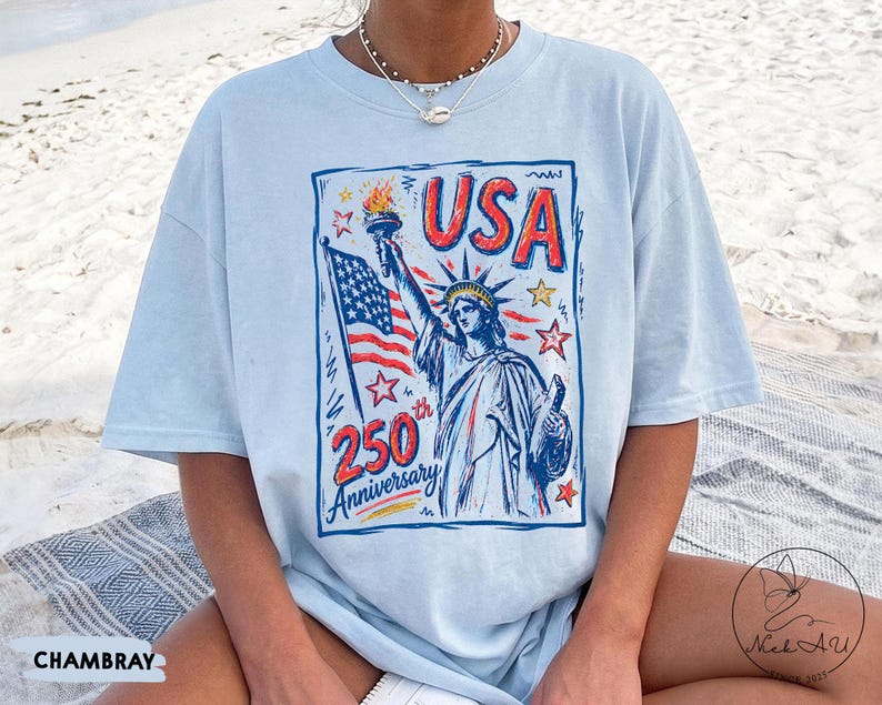Comfort Colors Statue of Liberty Shirt, USA 250 Vintage America Tee , Retro Patriotic Graphic Tee, 4th of July American Flag Summer Tank Top image 1