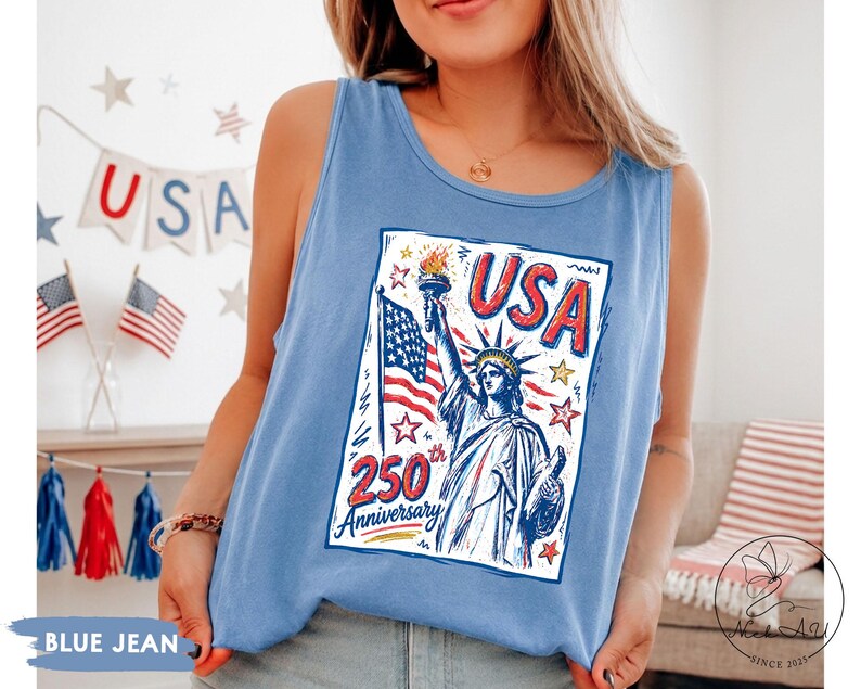 Comfort Colors Statue of Liberty Shirt, USA 250 Vintage America Tee , Retro Patriotic Graphic Tee, 4th of July American Flag Summer Tank Top image 16