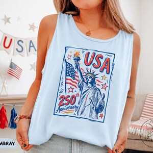 Comfort Colors Statue of Liberty Shirt, USA 250 Vintage America Tee , Retro Patriotic Graphic Tee, 4th of July American Flag Summer Tank Top image 5