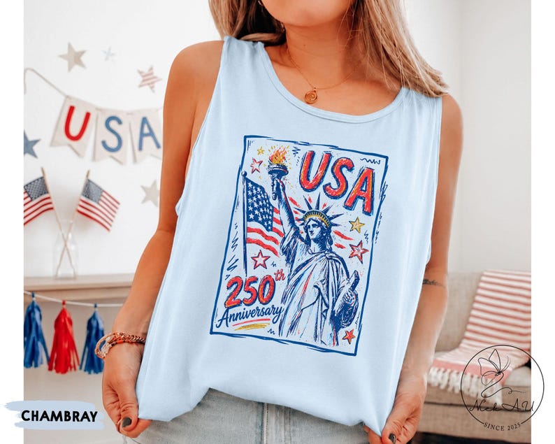 Comfort Colors Statue of Liberty Shirt, USA 250 Vintage America Tee , Retro Patriotic Graphic Tee, 4th of July American Flag Summer Tank Top image 5