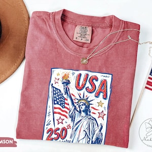 Comfort Colors Statue of Liberty Shirt, USA 250 Vintage America Tee , Retro Patriotic Graphic Tee, 4th of July American Flag Summer Tank Top image 10