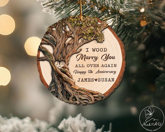 Personalized 5th Anniversary Wooden Ornament, Wood Anniversary Gift For Couples, 3D Wood Ornament, Gift For Him Her, Wedding Ornament