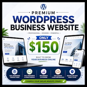 May include: A digital advertisement for a premium WordPress business website service. The graphic features a laptop, tablet, and smartphone displaying website layouts, with text including "Premium WordPress Business Website" and "Only $150".
