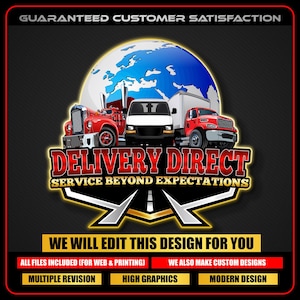 May include: A graphic design featuring a globe with a blue and white map, and three delivery vehicles: a red vintage truck, a white van, and a red truck. The text "DELIVERY DIRECT" and "SERVICE BEYOND EXPECTATIONS" are prominently displayed. Additional text includes "WE WILL EDIT THIS DESIGN FOR YOU".