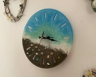 Ocean Wave Resin Wall Clock: Handmade Beach Scene with Shells - 30cm