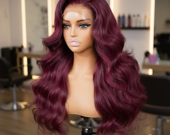Plum Caspia Layered Cut , Body Wave Transparent 7 x 5 Lace Wig,  Virgin Human Hair Glueless Wear & Go