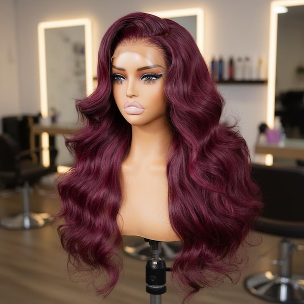Plum Caspia Layered Cut , Body Wave Transparent 7 x 5 Lace Wig,  Virgin Human Hair Glueless Wear & Go