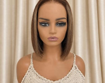 Cabello rubio con reflejos color miel, corte bob de 8 pulgadas, encaje transparente de 7 x 5, cabello virgen sin pegamento, peluca Wear Go sin pegamento