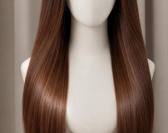May include: A long, straight wig featuring a dark black root color that transitions into a warm, medium brown shade. The hair is parted in the center and styled to fall straight down, resting on a neutral-toned mannequin head and neck display.