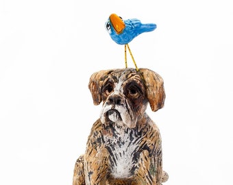 Boxer Dog Sculpture Statue Figurine Glazed Ceramic Pottery with Bird Handmade by Artist