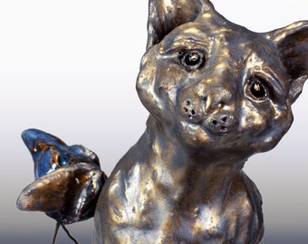 Ceramic Cat Sculpture - Mo Bit and Bingo Bird