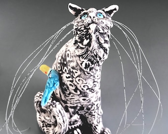 Ceramic Cat and Bird Sculpture - Pick Me Mimmie