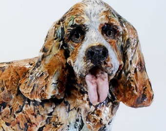 Lucky Dog Cocker Spaniel Sculpture Statue Figurine Glazed Ceramic Pottery with Bird Handmade by Artist