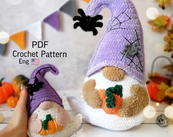 May include: Two crochet Halloween gnomes. One gnome is held in a hand. The gnomes have purple hats with spiderweb designs and black spiders. They have white bodies and hold orange pumpkins. The text "PDF Crochet Pattern Eng" is in the image.