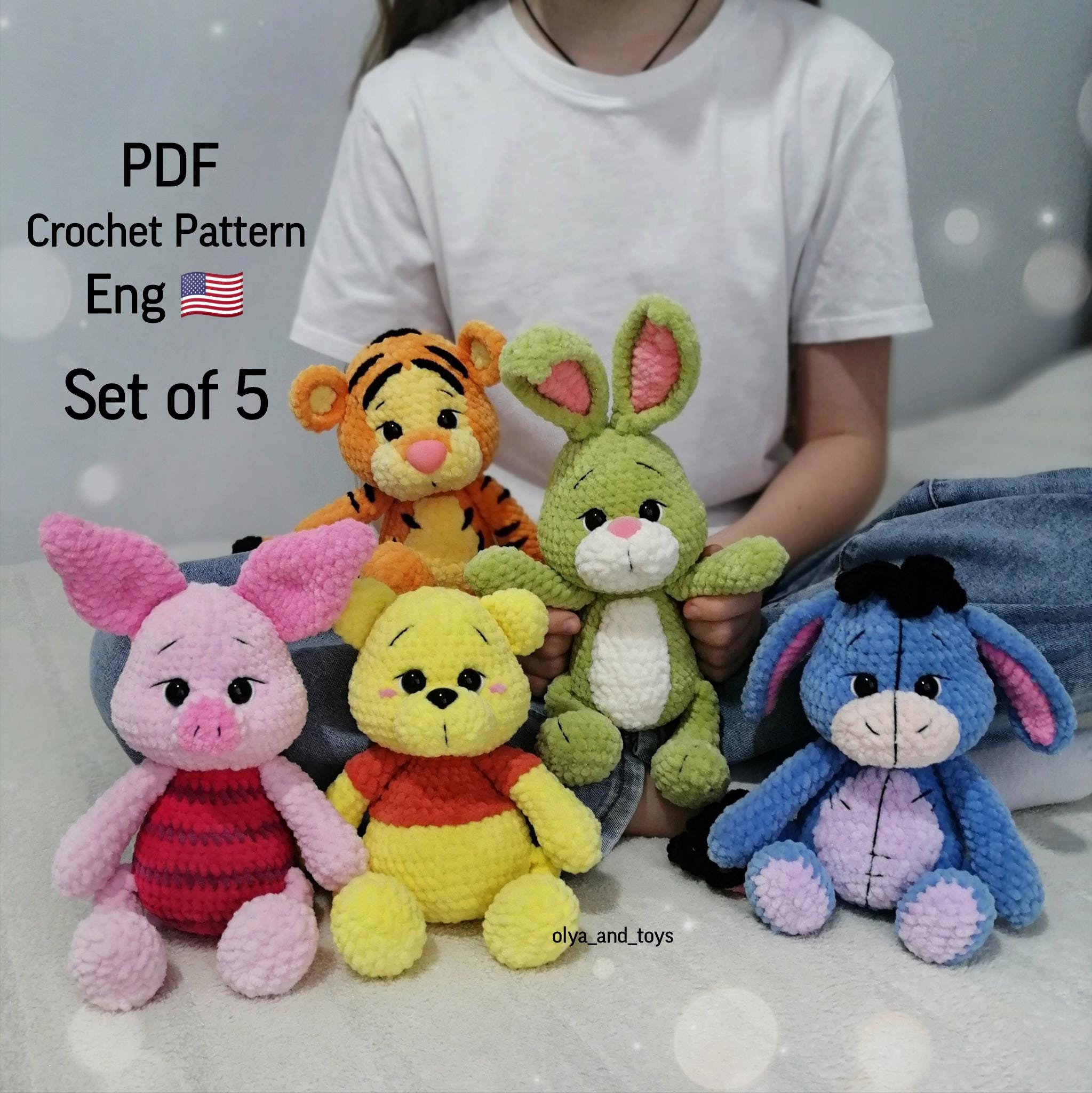 5 in 1 Bear Pooh, Piglet, Donkey and Tigger Crochet pattern, teddy tiger toy, Amigurumi toys pig pattern in eng, Disney toy crochet donkey