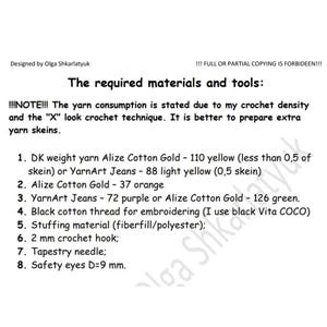 May include: A list of materials and tools needed for a crochet project. The list includes yarn in various colors, stuffing material, a crochet hook, a tapestry needle, and safety eyes.
